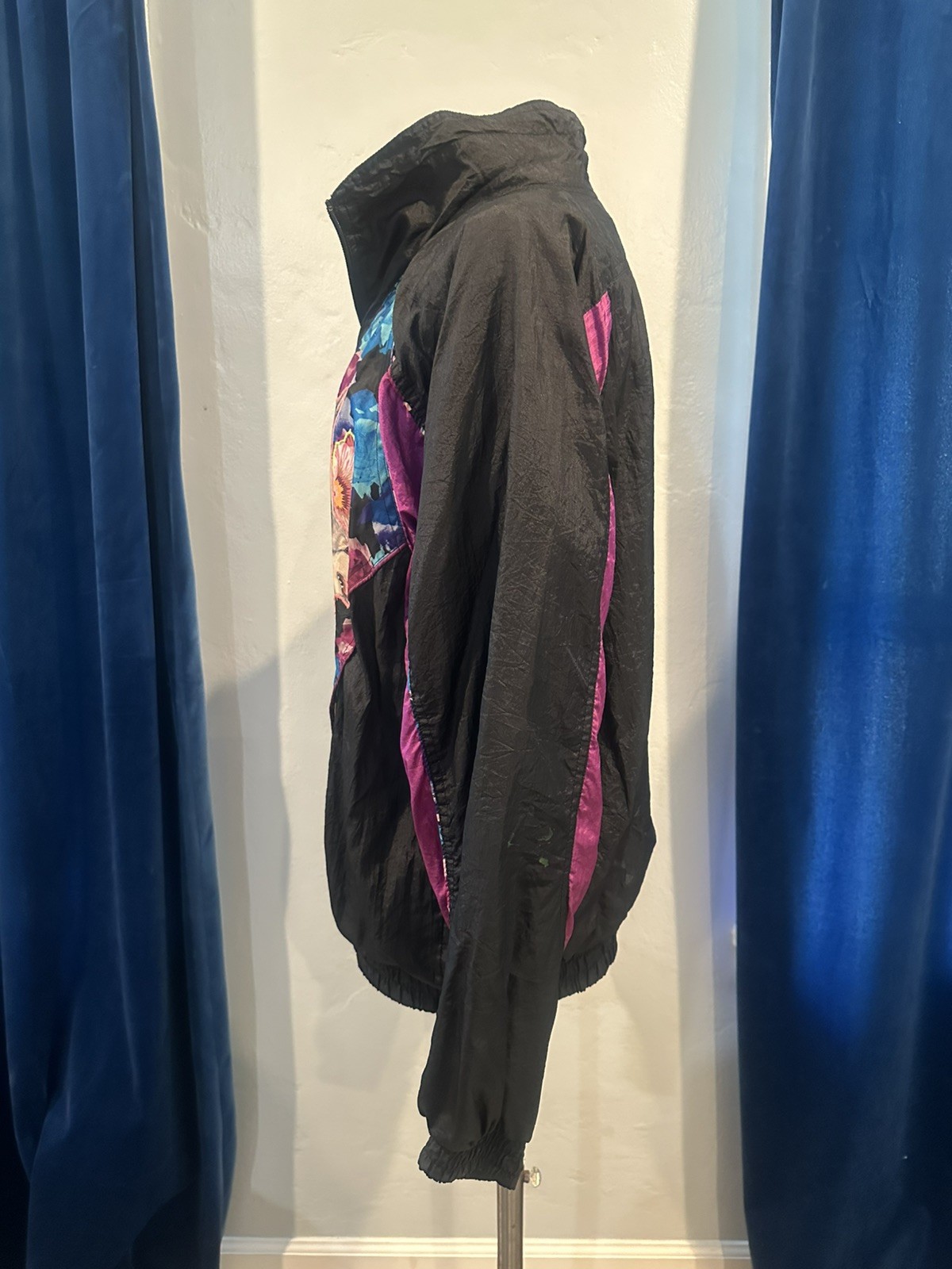 Custom Basic Editions L Windbreaker Jacket Coat Black Floral Purple DIY VTG