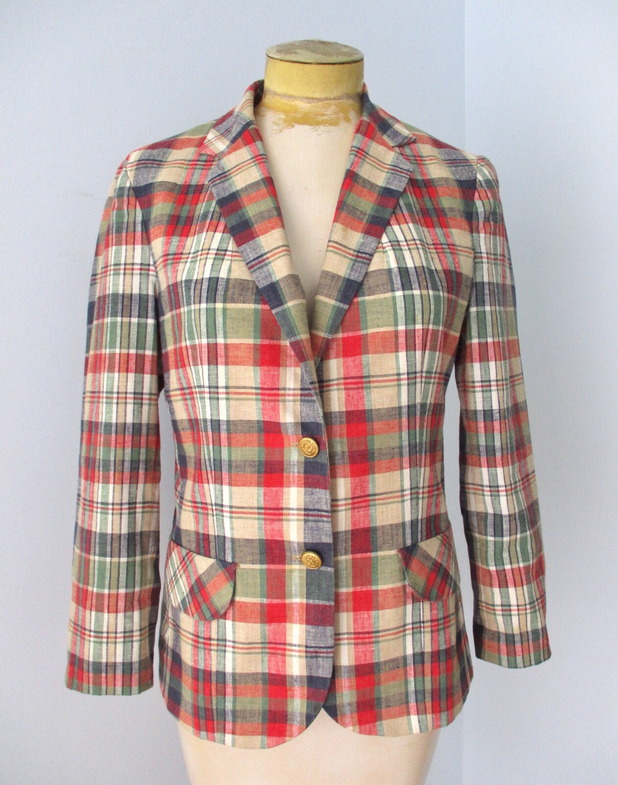 Vtg 80s preppy blue red madras plaid cotton blazer jacket secretary Jo Hardin M