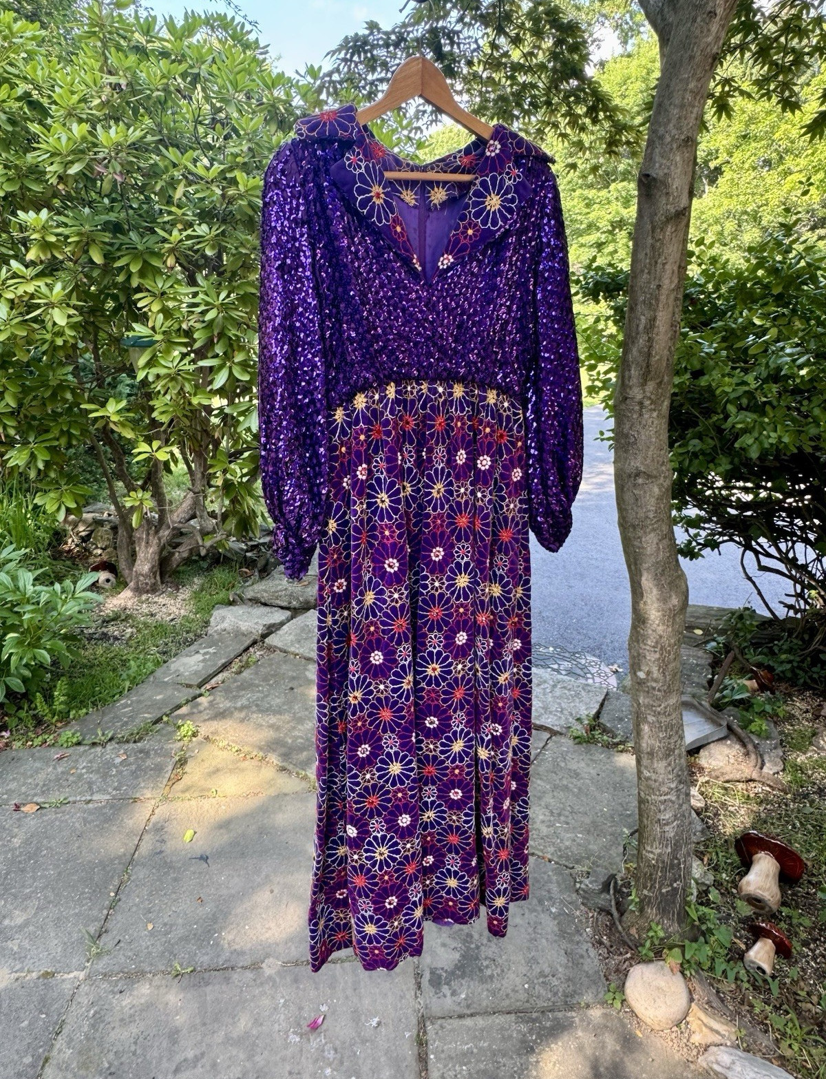 Oscar de la Renta Boutique 1960s Purple Sequin Maxi Dress Bohemian Size 10