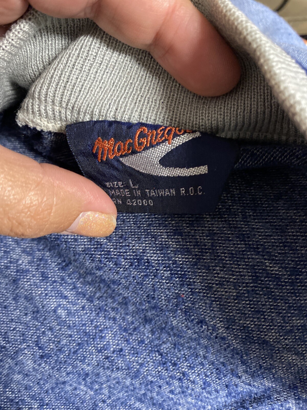 MacGregor Vtg Track Jacket Sz L Full Zip Navy Blue Gray Striped Sweater