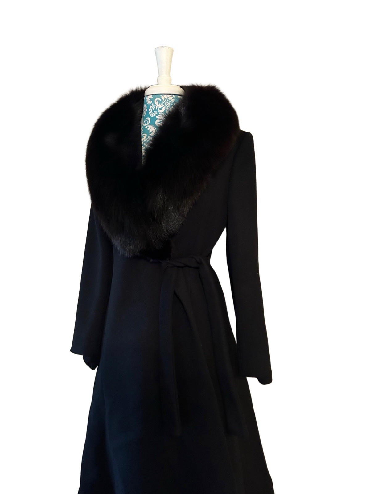 Vtg Fox Fur Black Wool Skirted Coat Pinup Bombshell Soft Girl Old Money Romantic