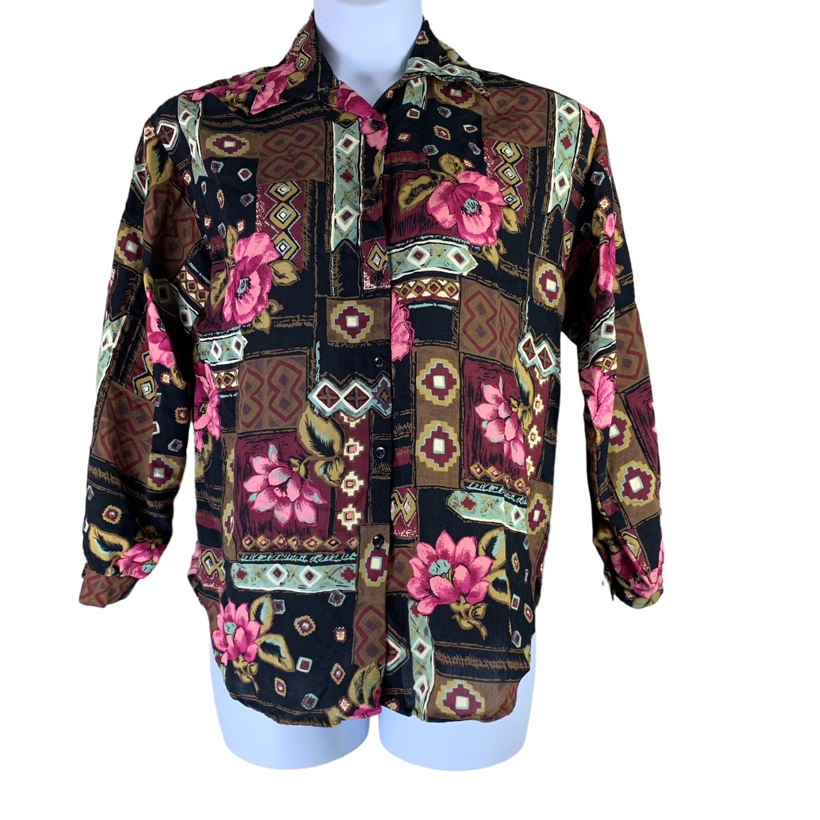 Vintage Blouse Size 12 Floral Button Up Long Sleeved Jeri Marque Collared Shirt