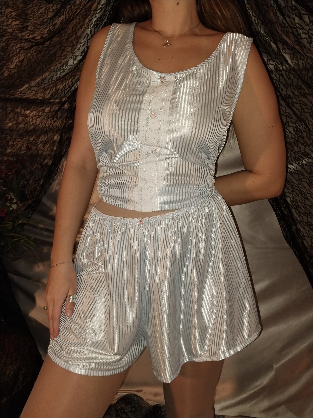 VTG SILKY BABY BLUE SHINY STRIPES LACE PANTIES BLOOMERS BLOUSE SLEEP SHIRT 48″