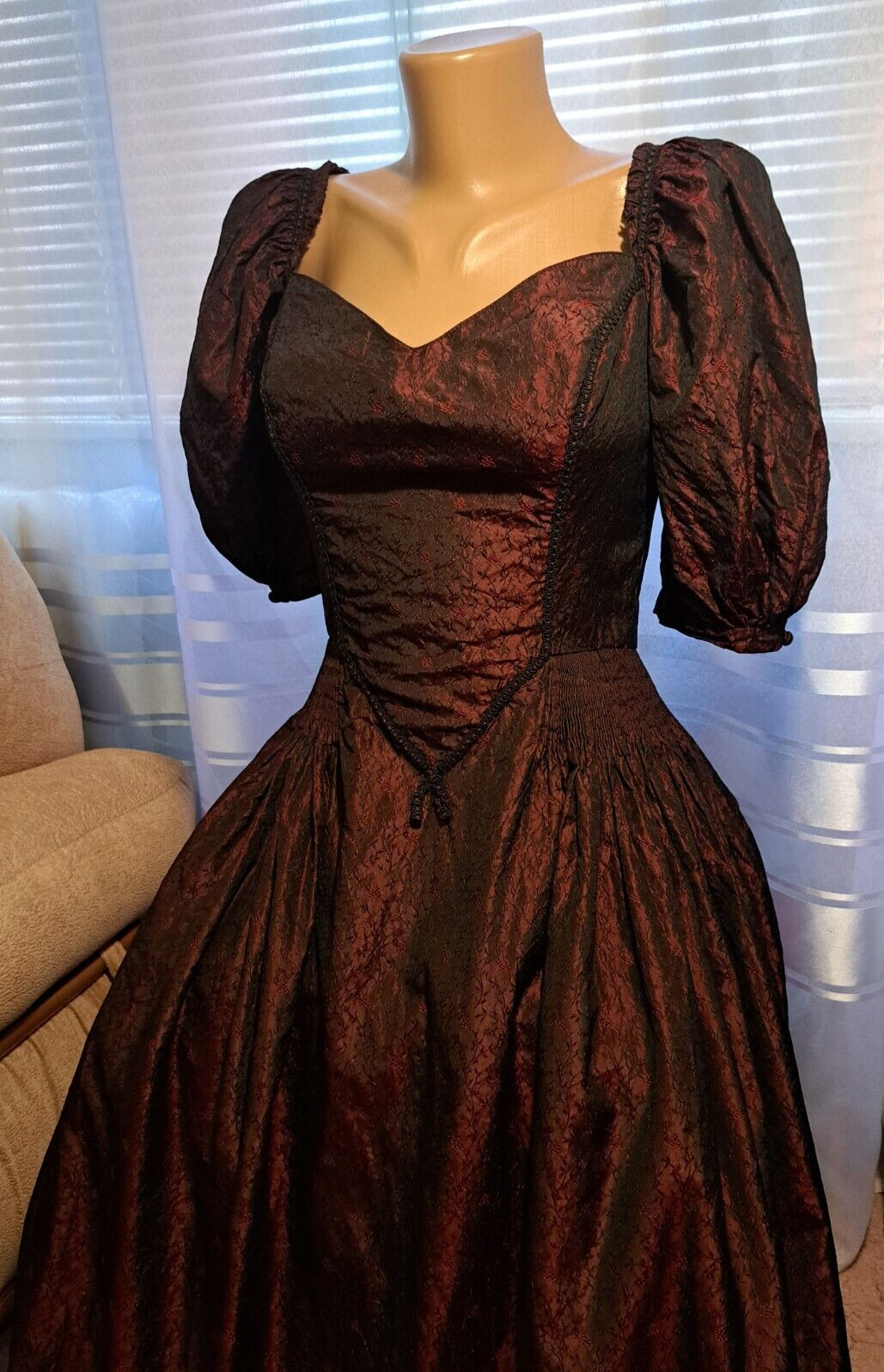 Vtg Edwardian Revival Gothic Burgundy Dress S C-D Bust Silk Blend Puff Sleeves