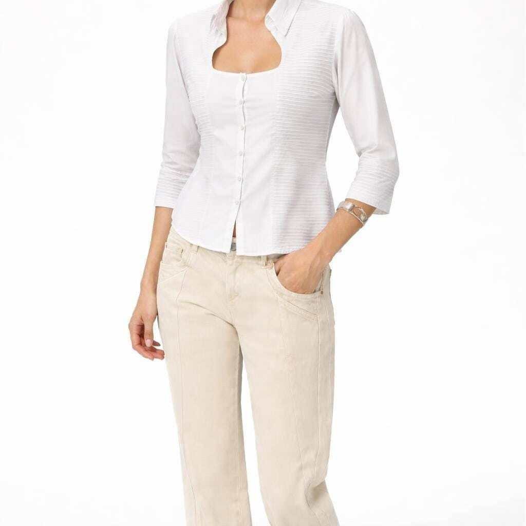 Vintage Rayure Paris white cotton woman blouse, cut out neckline, FR 40 – S