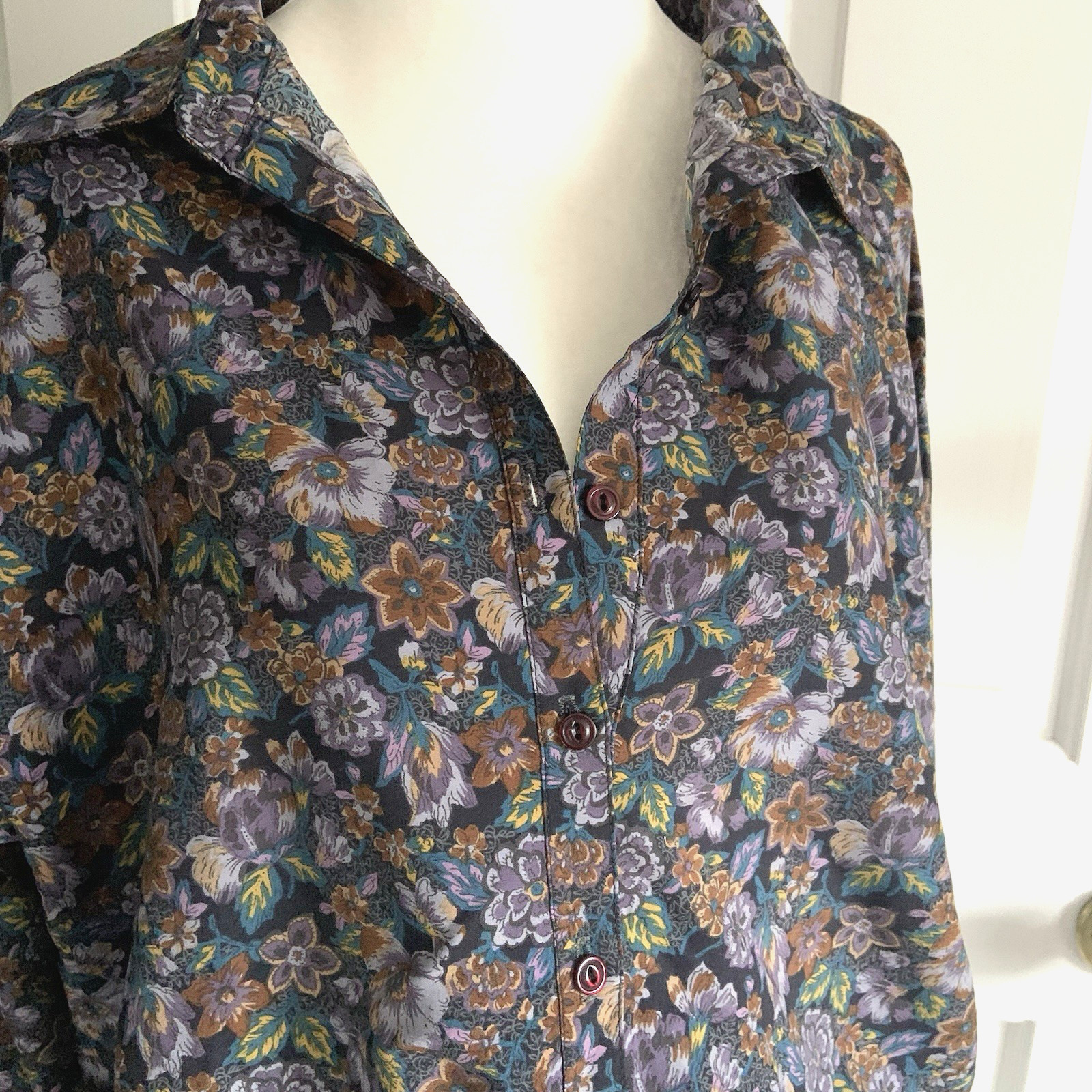Vintage 70s ADAMO Silk Feel Button Front Blouse Dark Floral Elastic Waist Blouse