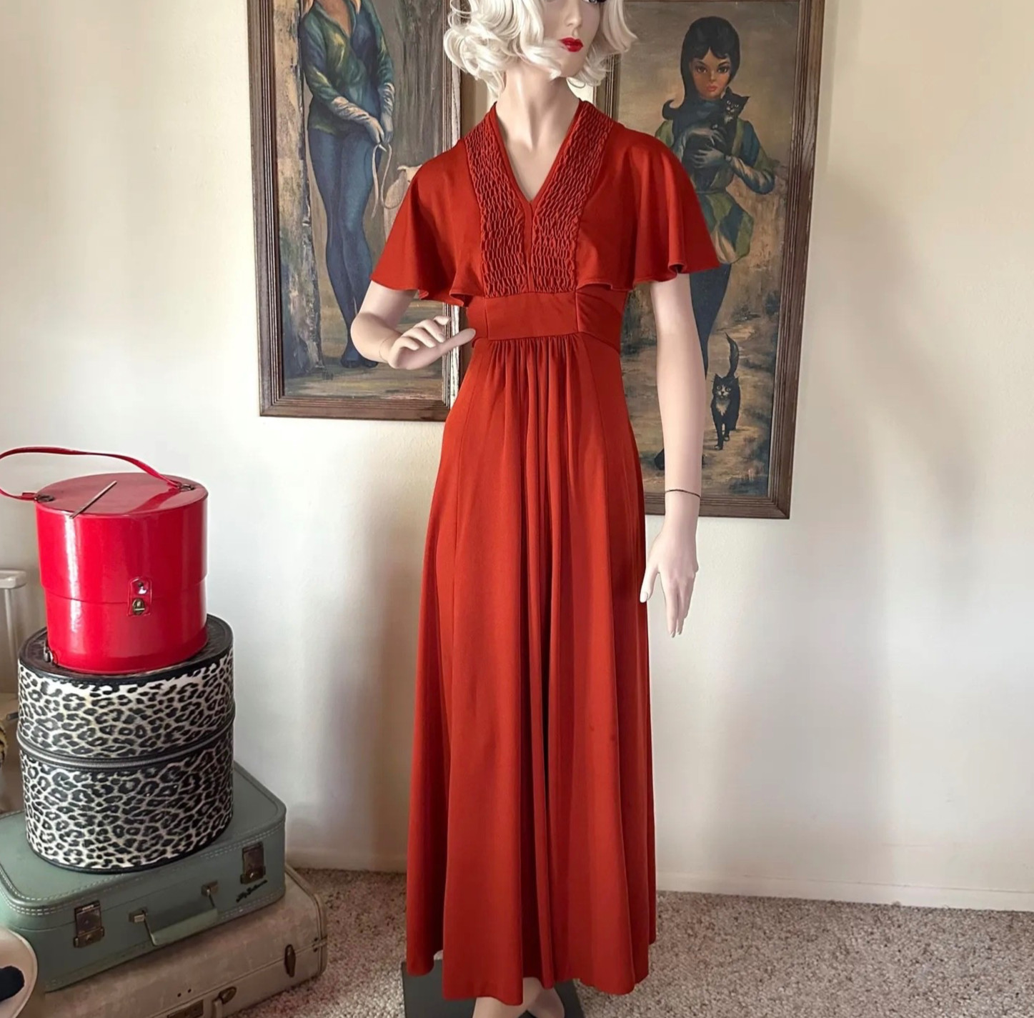 Vintage 1970s Empire Waist Maxi Dress Saffron Flutter Cape Sleeves S/M
