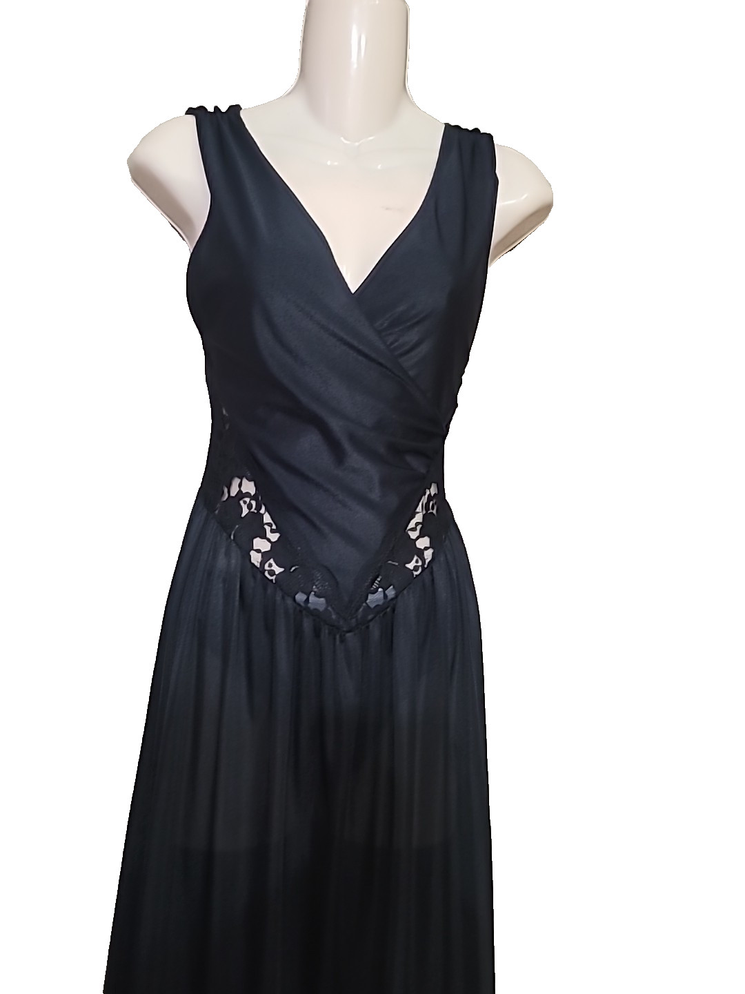 VINTAGE PEAU DE ROSE BLACK NYLON Sexy NIGHTGOWN LACE SIZE Small