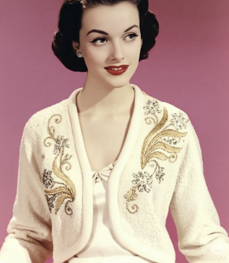 Vtg 50s Glam Original By HEDY Cream Pearl Cardigan Sweater Curly Wool Small