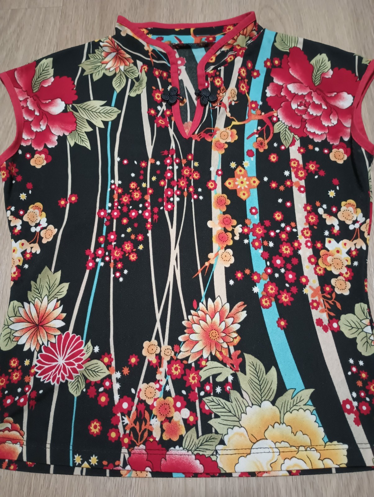 Vtg 90s Asian Art Artsy Painting Inspired Floral Mandarin Collar Stretchy Top XS
