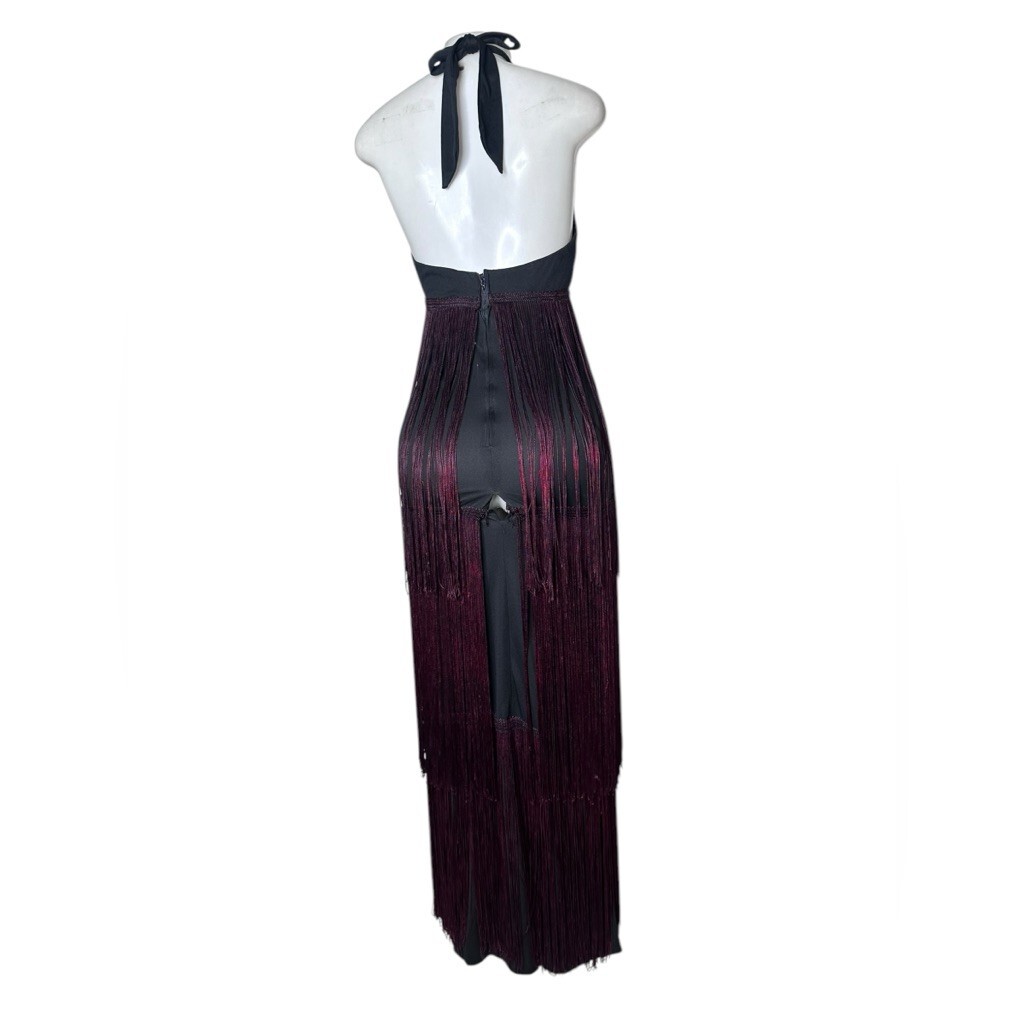 VTG 70s Jack Hartley Halter Fringe Maxi Dress Black & Plum Ombre Festival 7/8