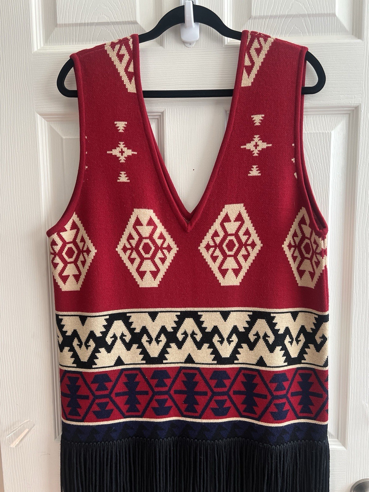 ANDREA JOVINE Vtg 80s Wool Aztec Blanket Fringe Sleeveless Sweater Dress Sz M