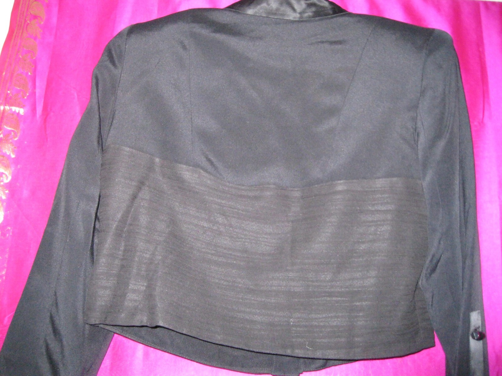 VINTAGE, SHORT BLACK SILK JACKET, SZ . 4 OR 6, L/S W/ SILK COLLAR, DRESSY, LINED
