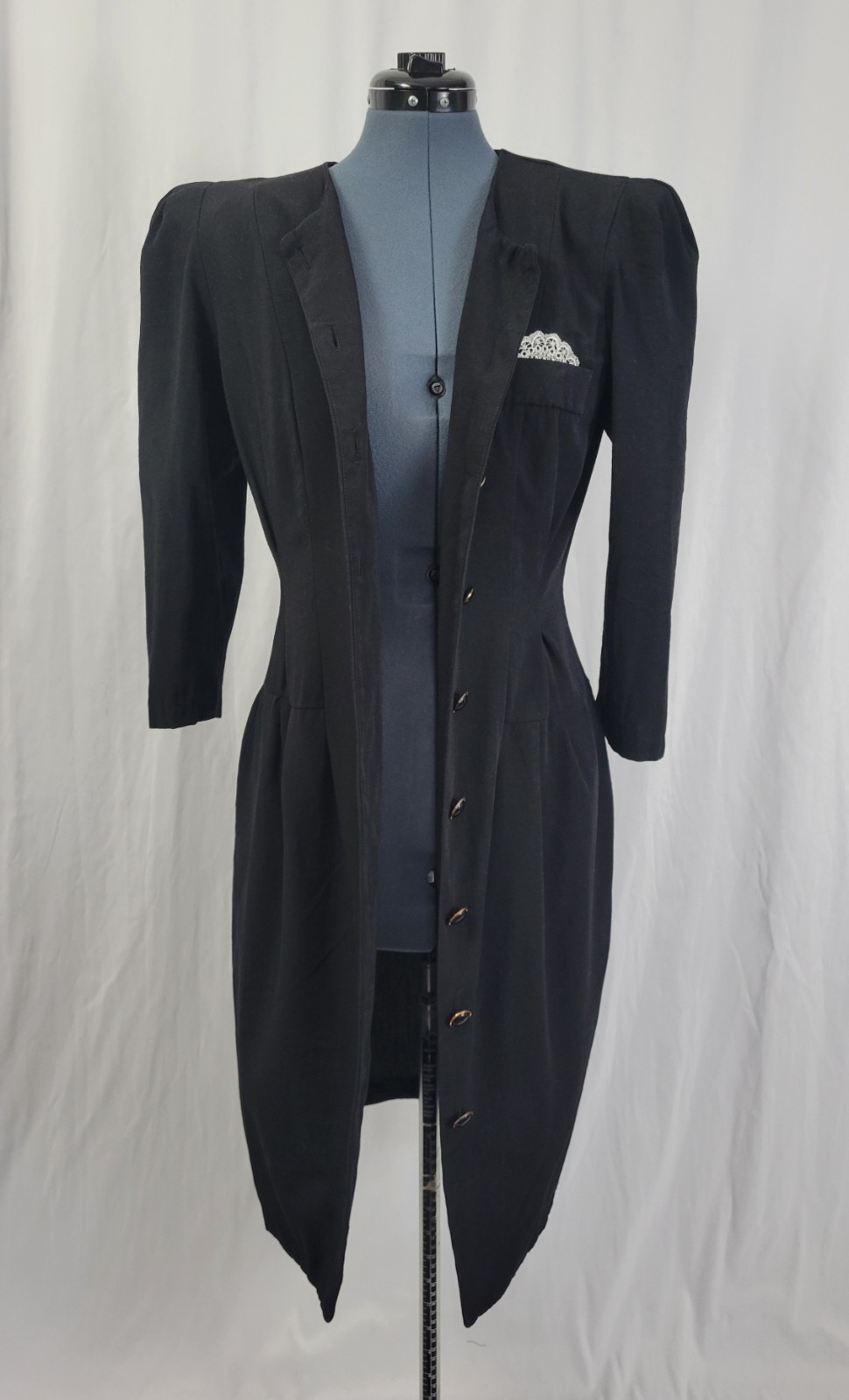Vtg All That Jazz Black Button Down Sheath Dress w Lace Pocket Square Size 11/12