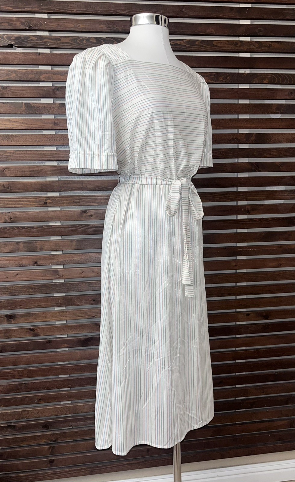 1970s Vintage White Pink Green Purple Striped Silver Metallic Tie Waist Dress