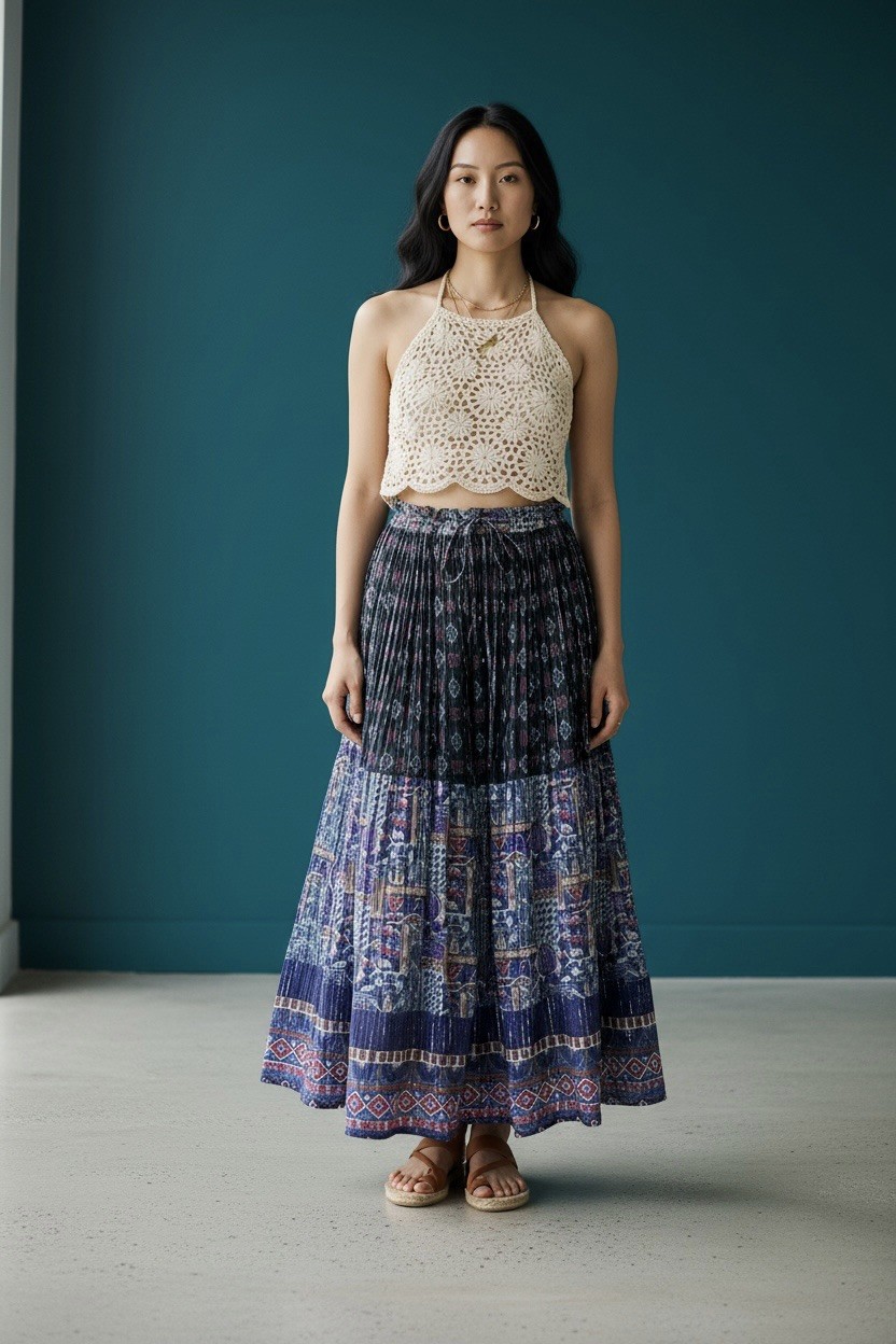 Vintage Indian Cotton Gauze Metallic Boho Festival Block Print Prairie Skirt OS