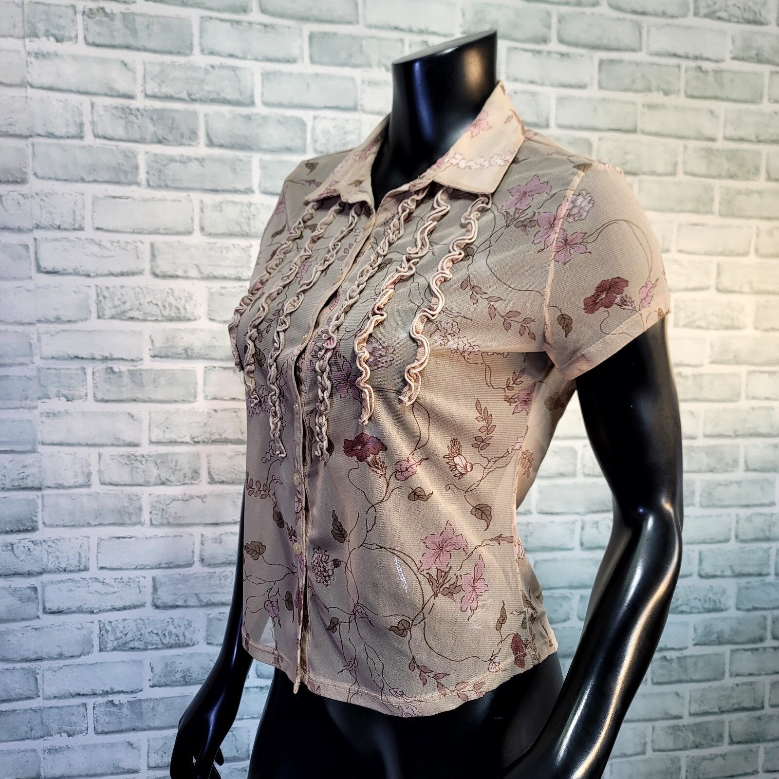 Vintage 90s Y2K The Limited Sheer Tan Pink Floral Ruffle Pintucked Button Front