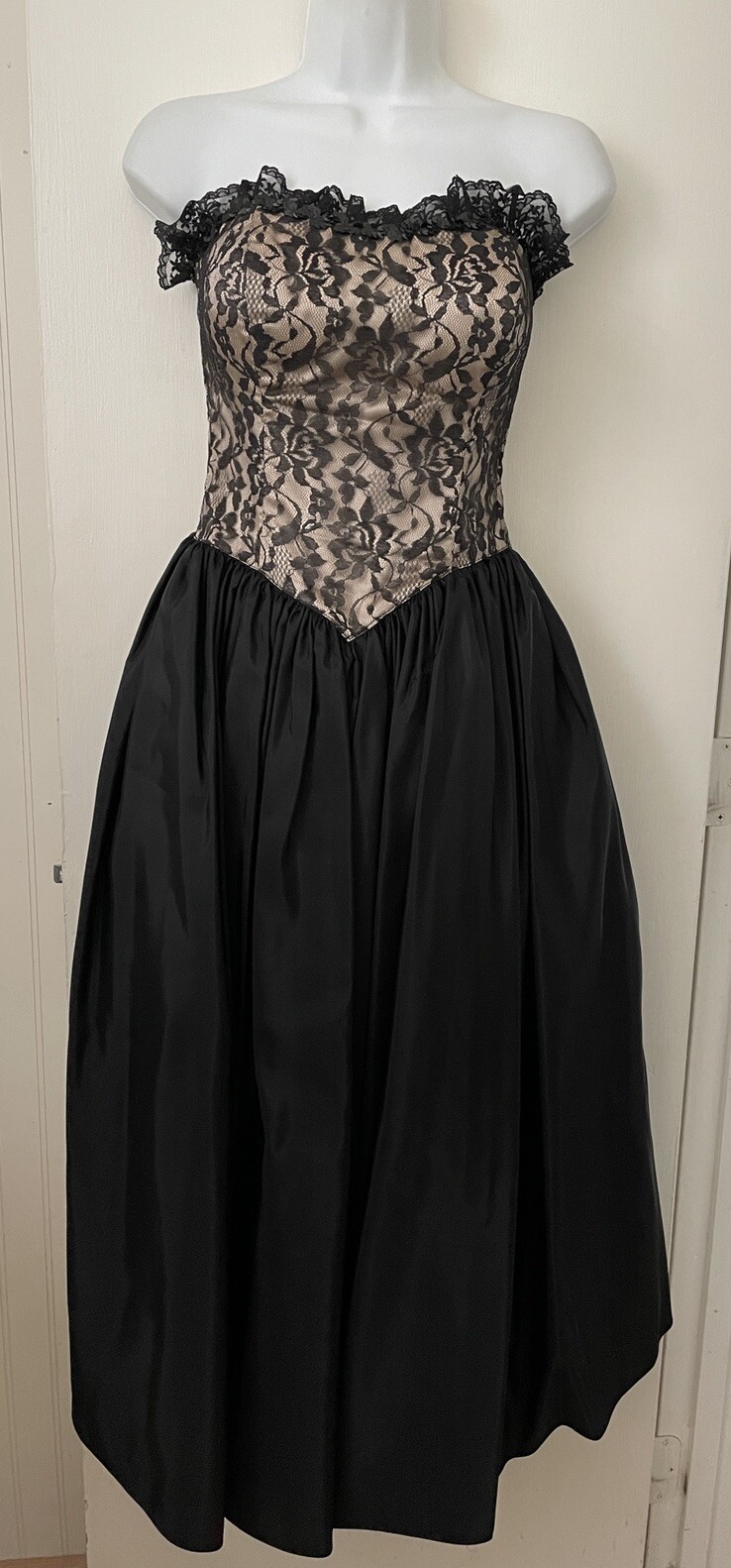 Vtg 80s Gunne Sax Strapless Corset Black Lace Tulle Prom Dress Sz 5 XXS