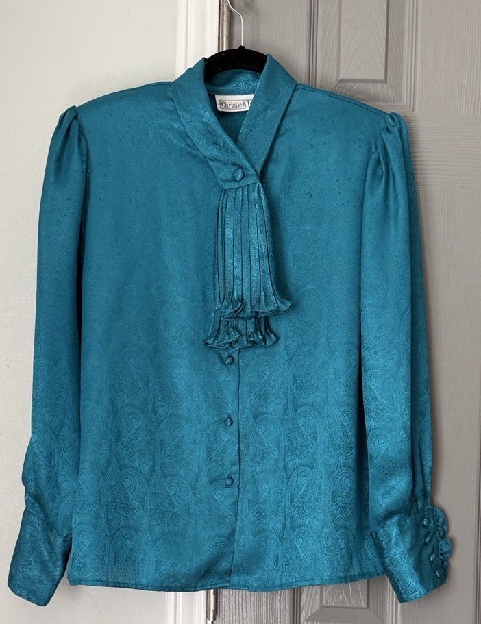Christie & Jill Vintage 80’s Peacock/Teal Blouse with Ascot Collar Size 10