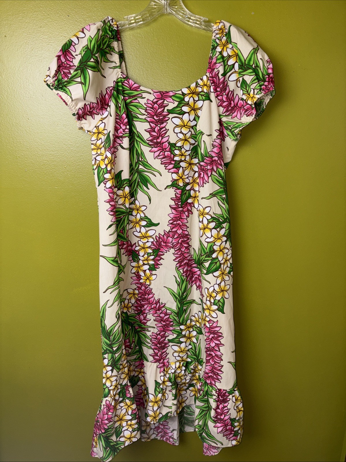 Vintage me-too Hawaiian Maxi Floral Dress USA Puff sleeves off shoulder medium
