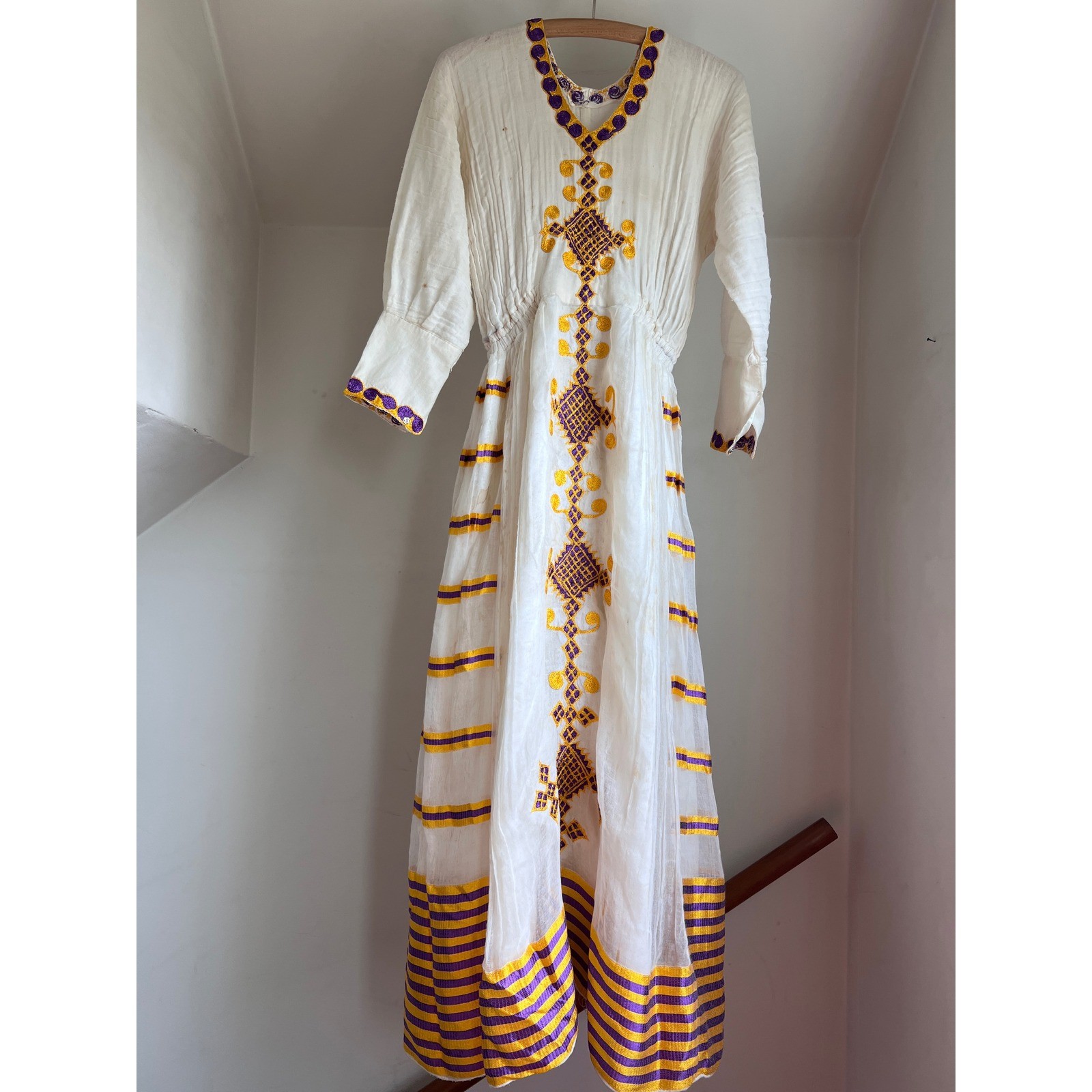Vintage Embroidered 70s Maxi Dress White Gauze Cotton Purple Gold Tilla Boho