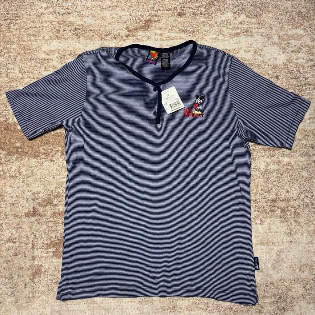 Vintage 1990s Mickey Unlimited Striped Embroidered Mickey Mouse Henley T-Shirt W