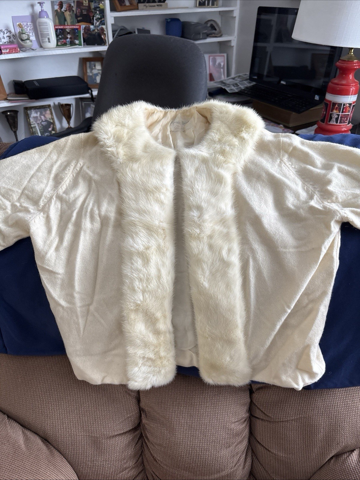 Vtg 50s cream wool cashmere mink fur collar cardigan sweater women READ LISTING