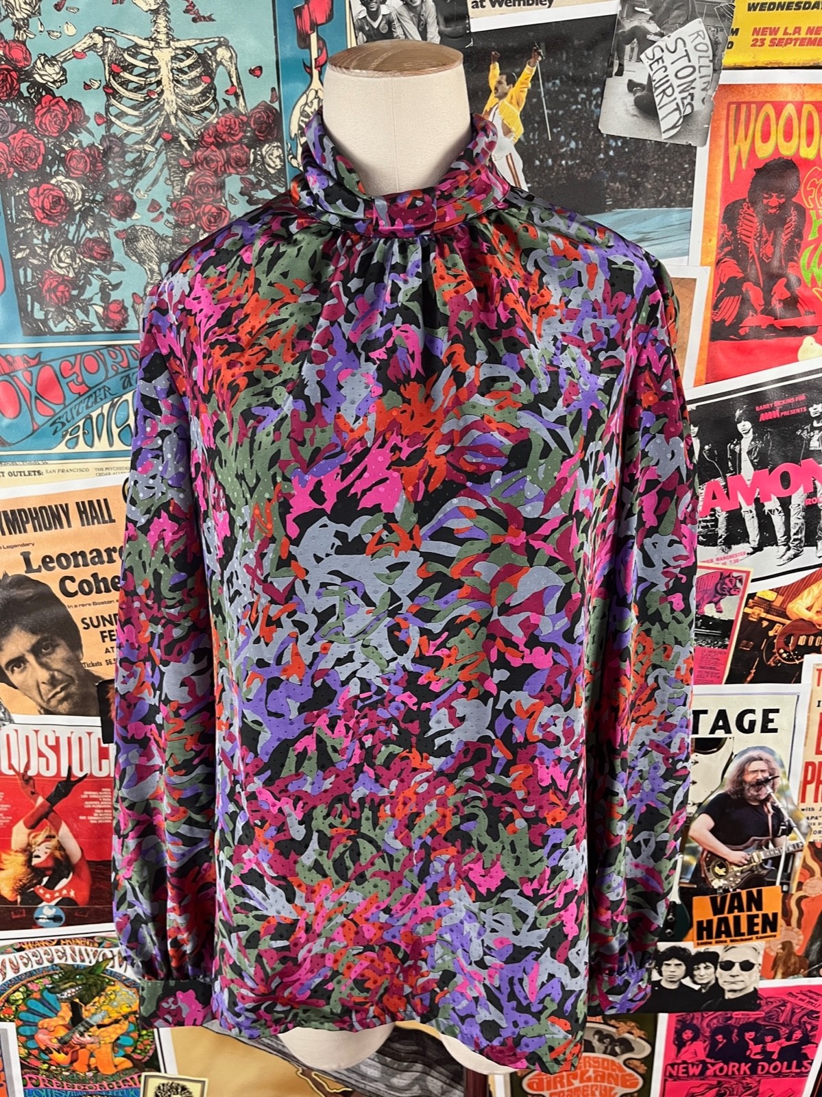Vtg 90s Pink Multi-Color Abstract Print Long Sleeve Collared Blouse Top Medium