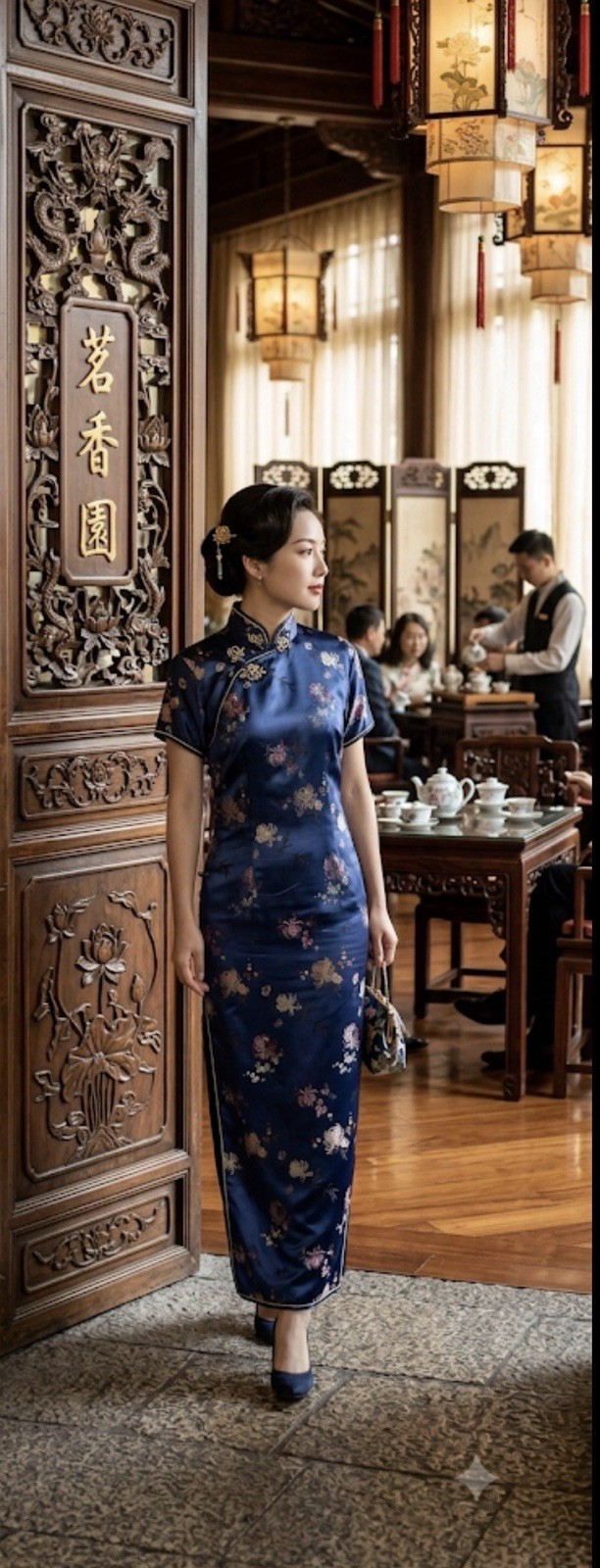 Vintage 60’s-70”s Solve Squirrel Chinese Cheongesam Qipao Satin Dress Navy Blu