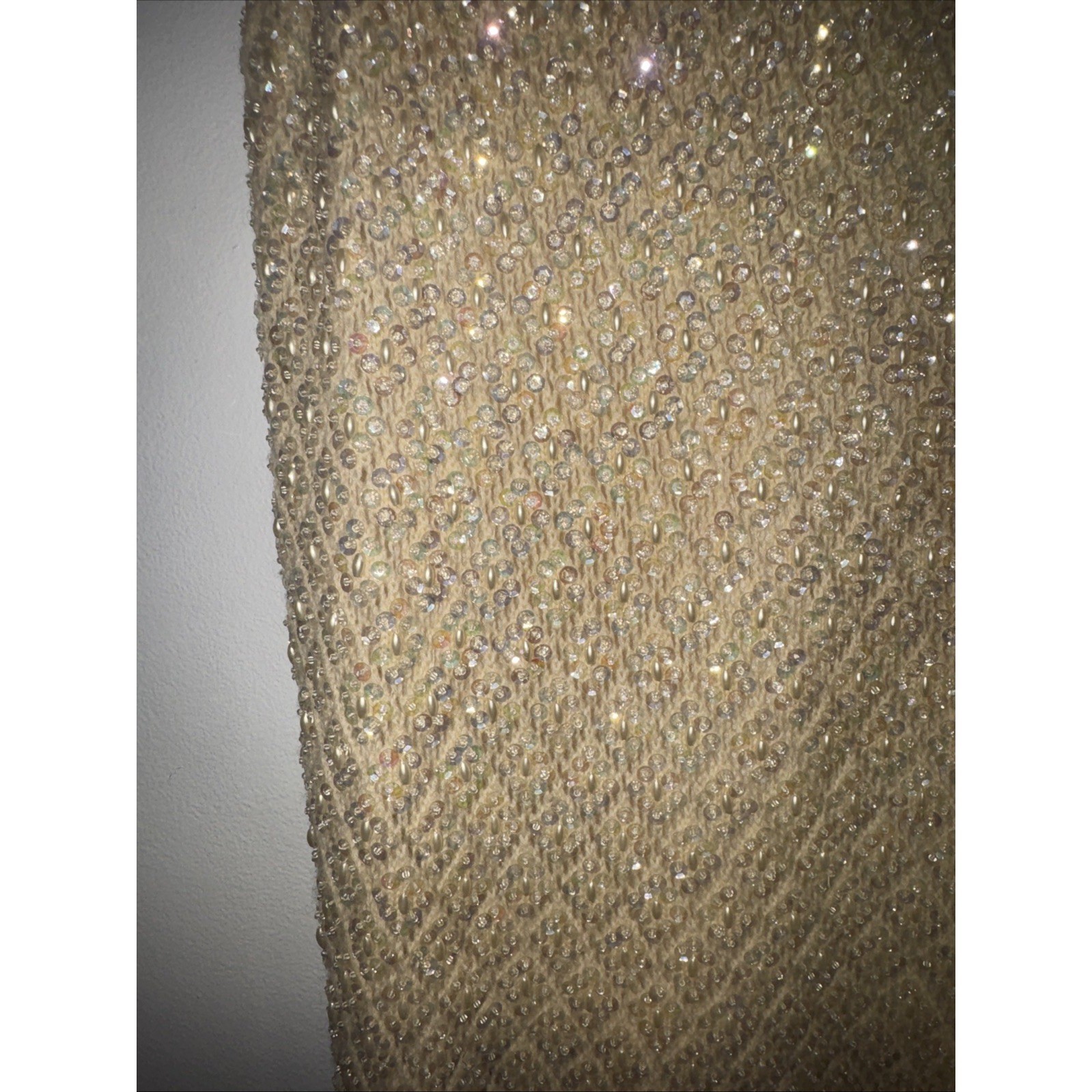 Vintage Beaded Sequin Knit Tank Top Cream Champagne Pearl Fringe Shell L