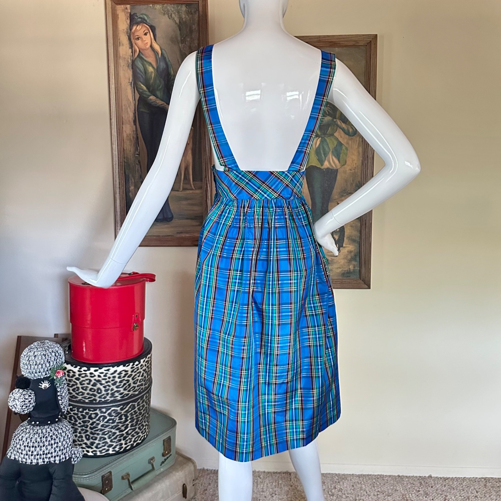 Vintage 1980s Preppy Punk School Uniform Plaid Suspender Jumper Skirt Dress S