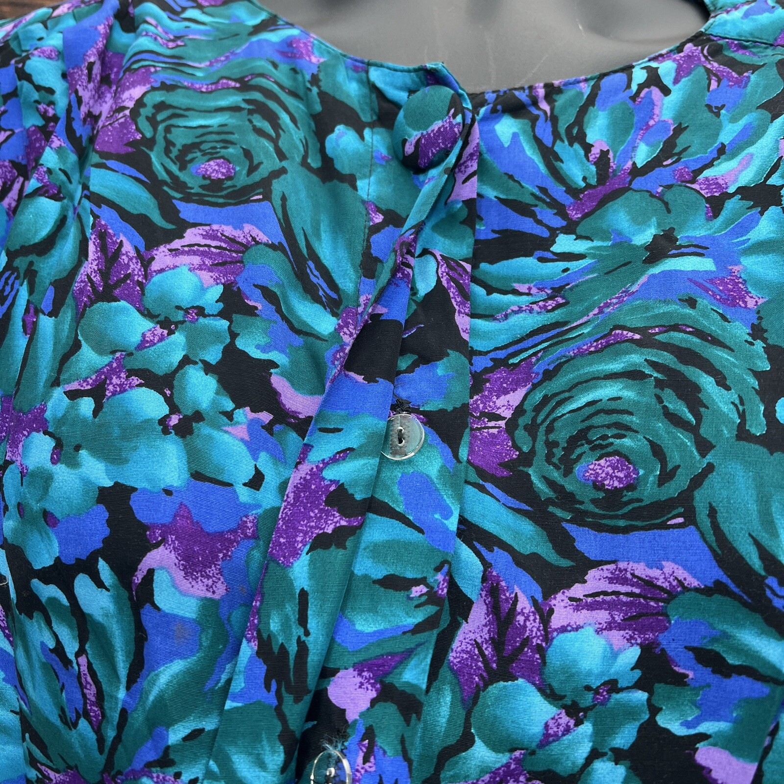 Sally III Vgt Dress 1980 Size 24 Black Teal Purple Floral Rayon Button Front