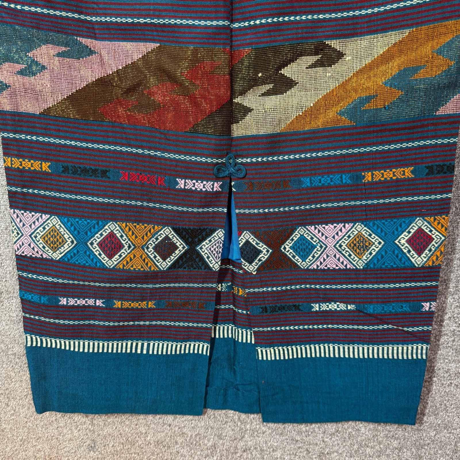 Vintage Woven Tribal Geometric Maxi Skirt Teal Multi Color Column Skirt Size 34