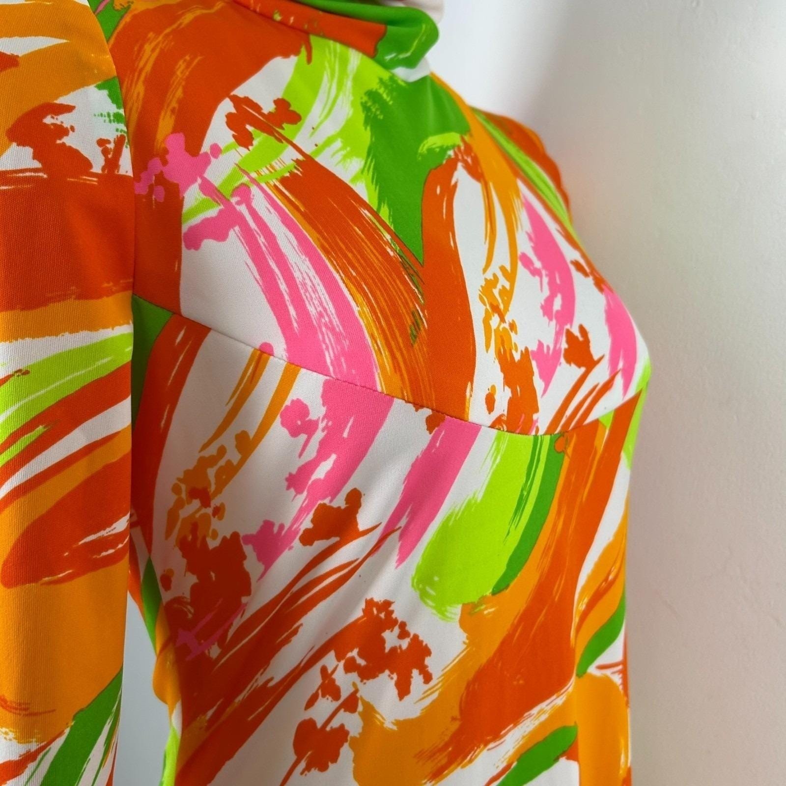 Vintage 70s Psychedelic Maxi Dress Multicolor Abstract Mock Neck Retro Mod