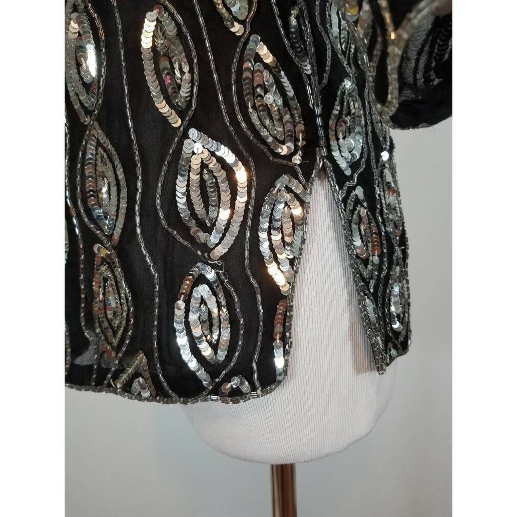 Vtg Sho Max NY Silver Sequin Silk Crepe Blouse Vertical Stripe Disco NYE Party S