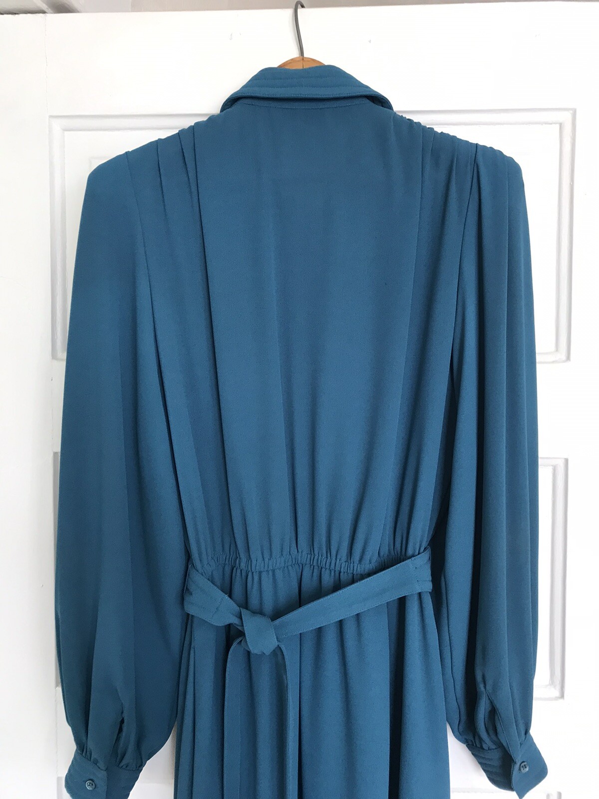 Vintage Pierre Cardin Boutique Dress Teal Blue Button Up Belted 80s Med? No Tag