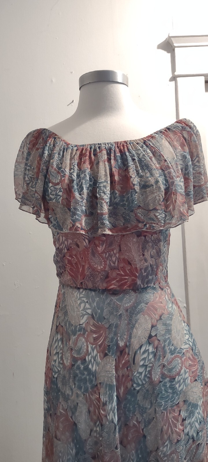 Vintage 70’s Hippy disco sheer silk floral chiffon off the shoulder dress XS