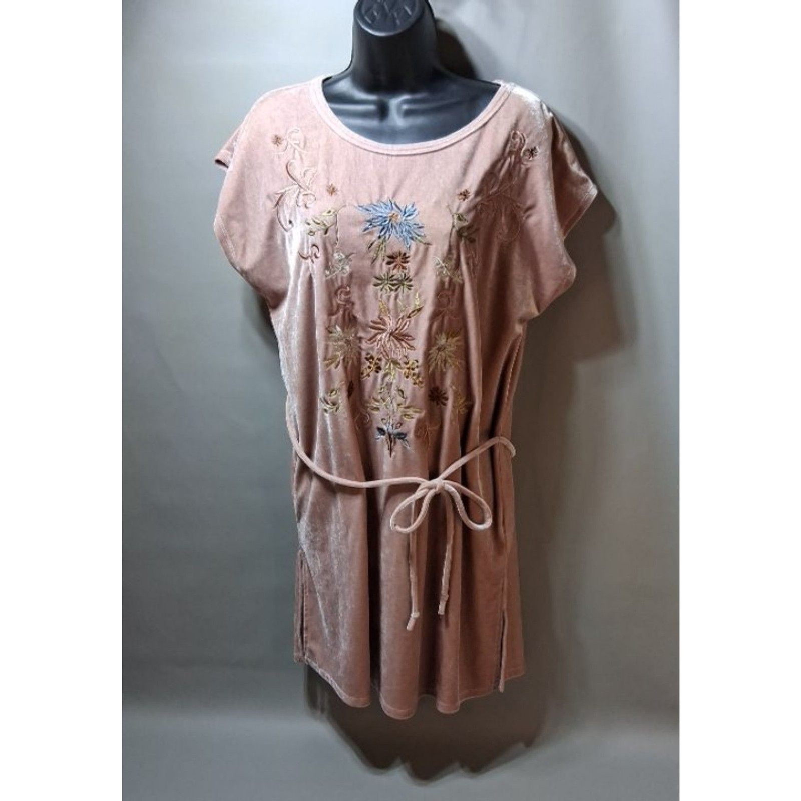 Mystree Rose Gold Crushed Velvet Floral Embroidered Boho Tunic Mini Dress M