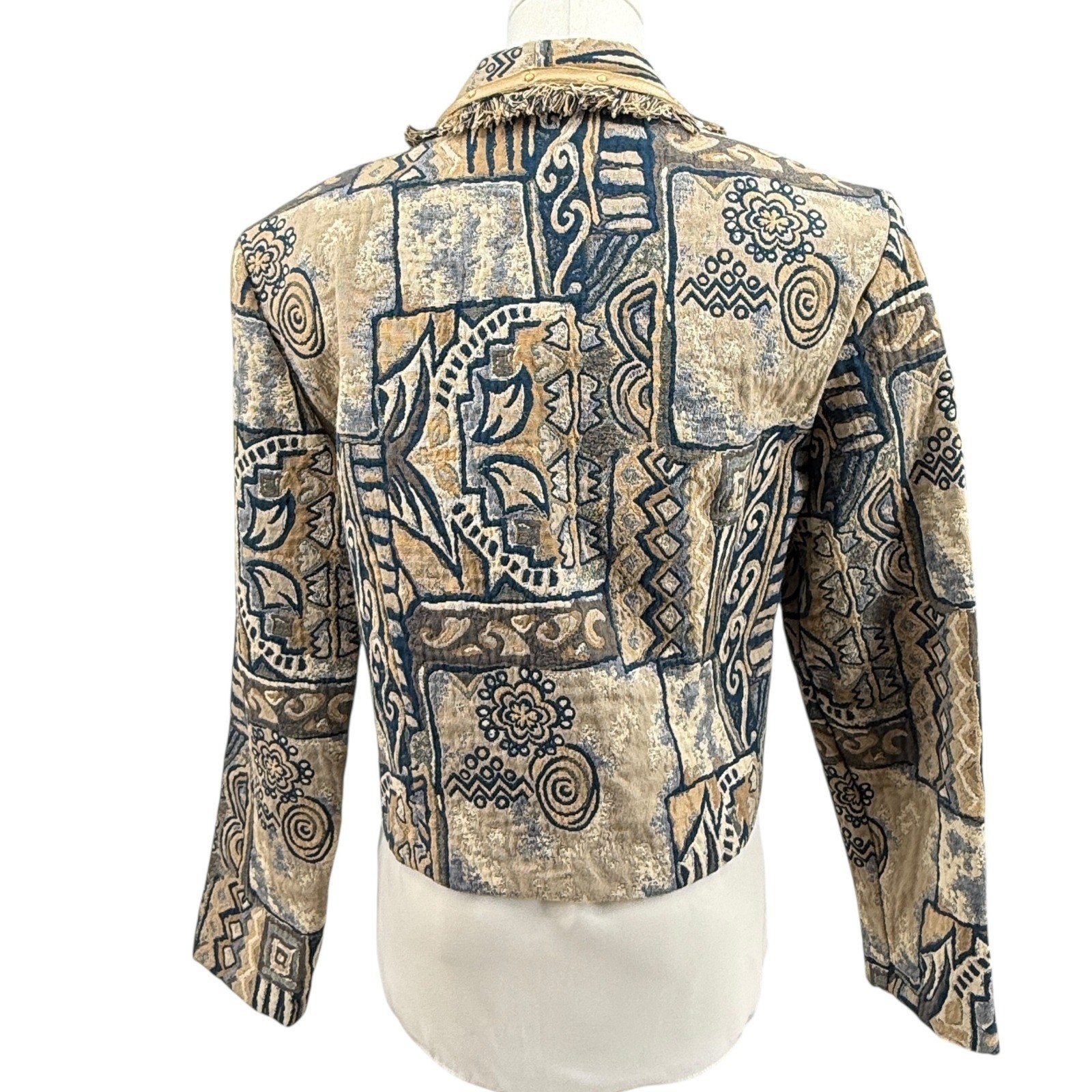 City Girl Sport Women’s Tapestry Jacket Cropped 90s Blue Tan Fringed Size 6