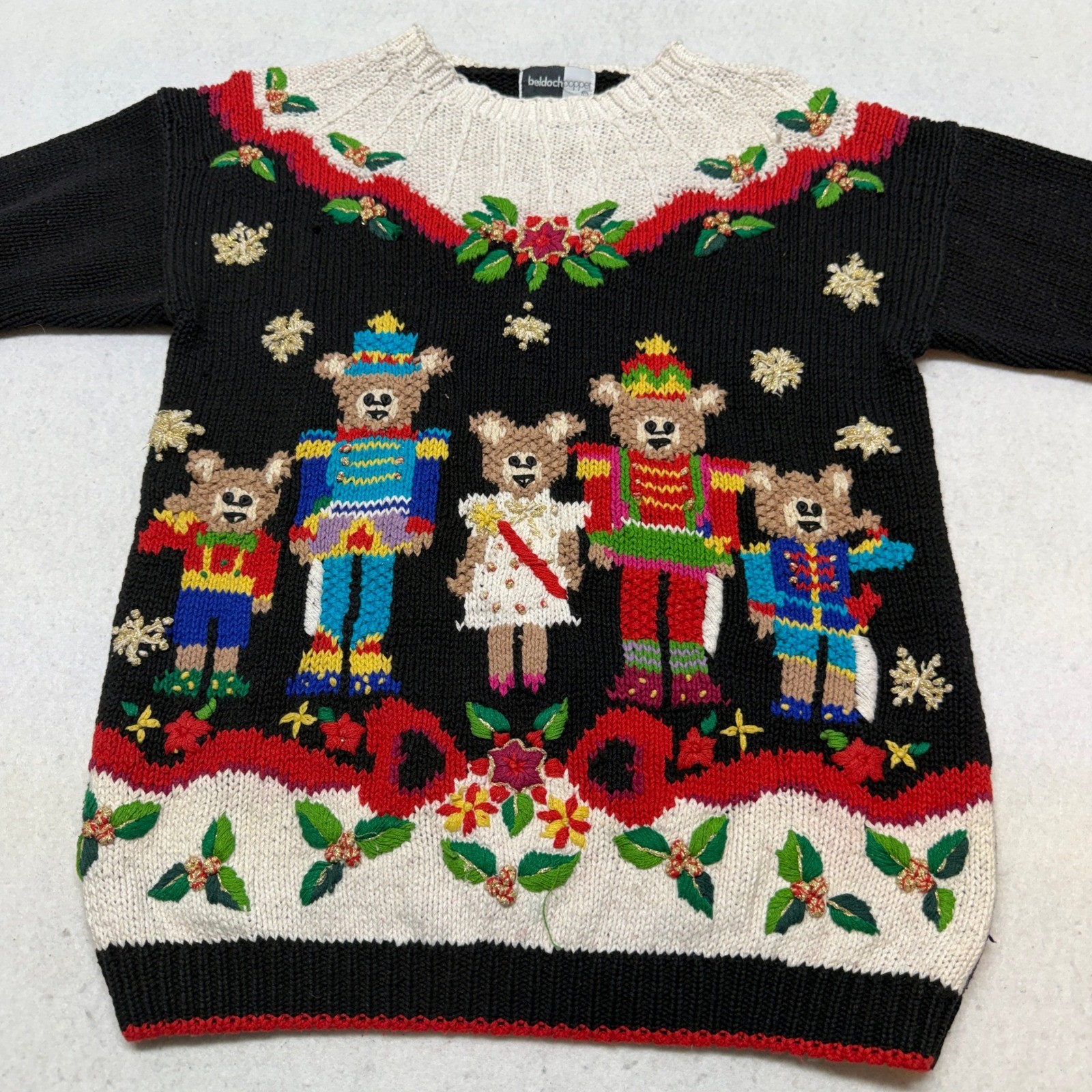 Vintage Beldoch Popper Nutcracker Bear Christmas Knit Sweater 90s Black Medium