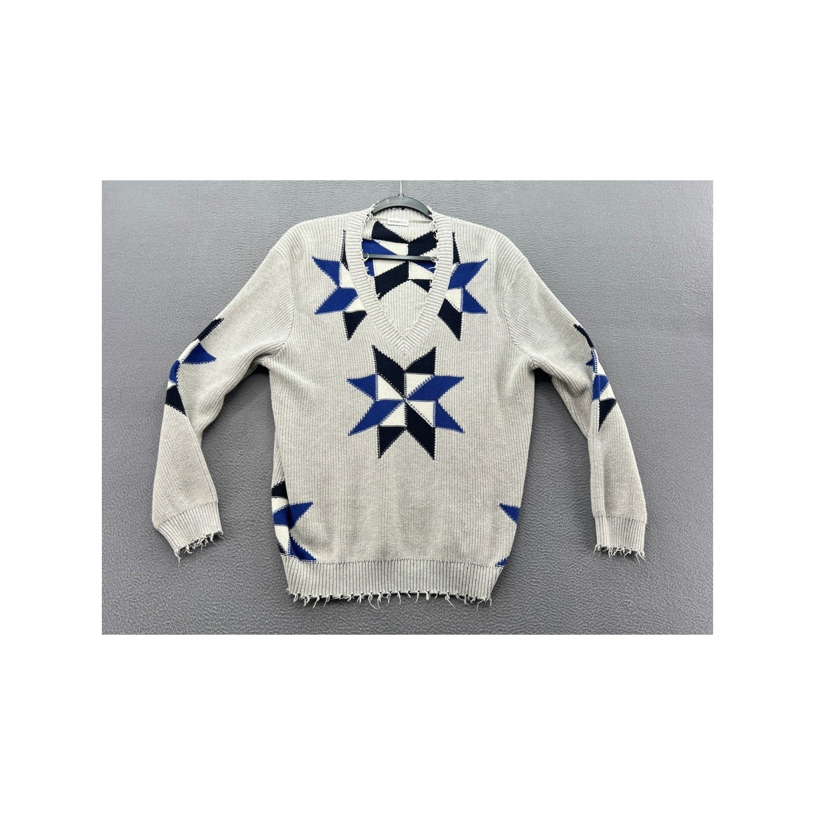 Minnie Rose Sweater Womens Gray Intarsia Star Distressed V-Neck Ribbed Knit XL