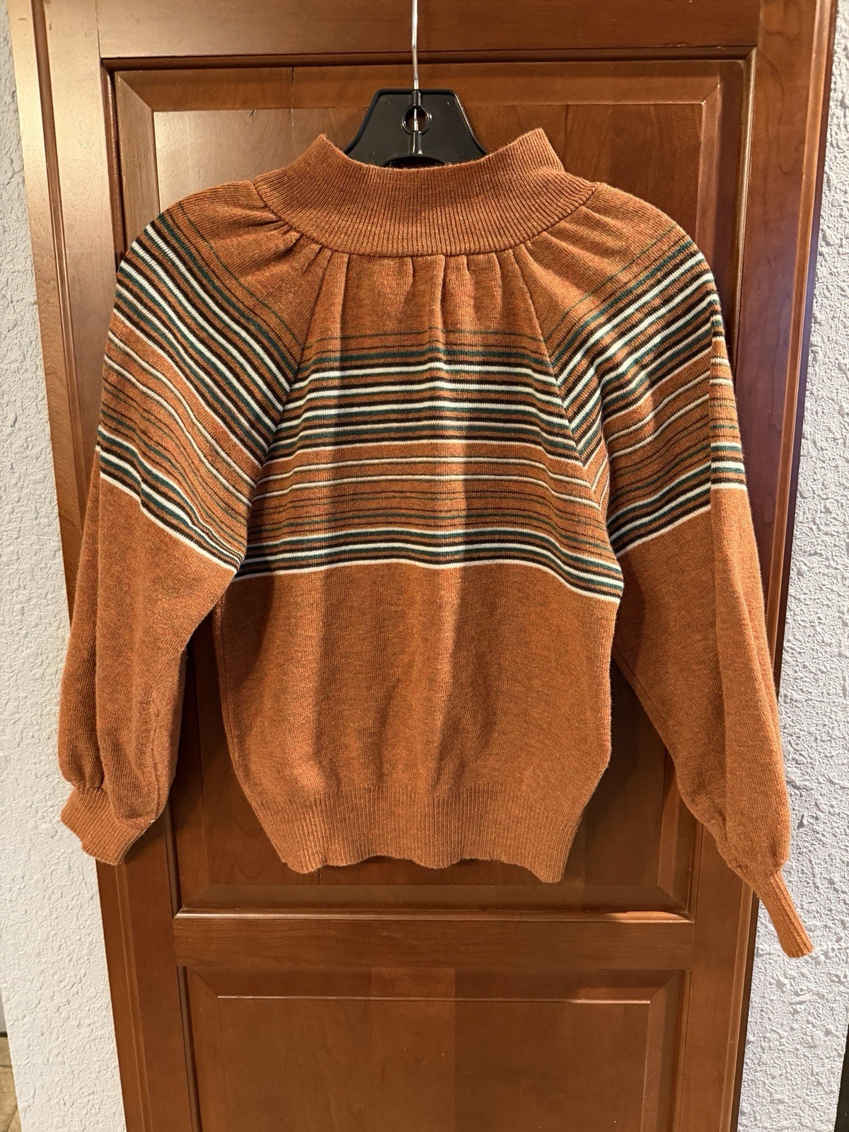 Vintage 70s Mock-neck Collar Button Brown & Stripe Knit Sweater Pullover Top S/M