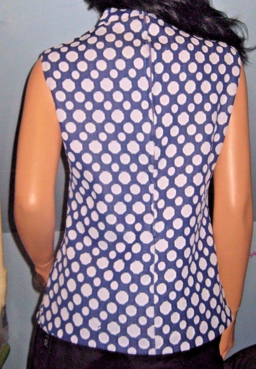 Vintage~Blue~White~Polka Dots~Blouse~Side split~back Zipper~Size L/XL!