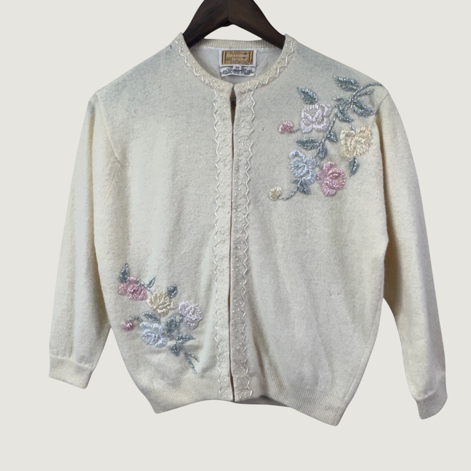 Brandeis and Golds Beaded Floral Cardigan 38 6 Pale Yellow Vintage Wool Blend