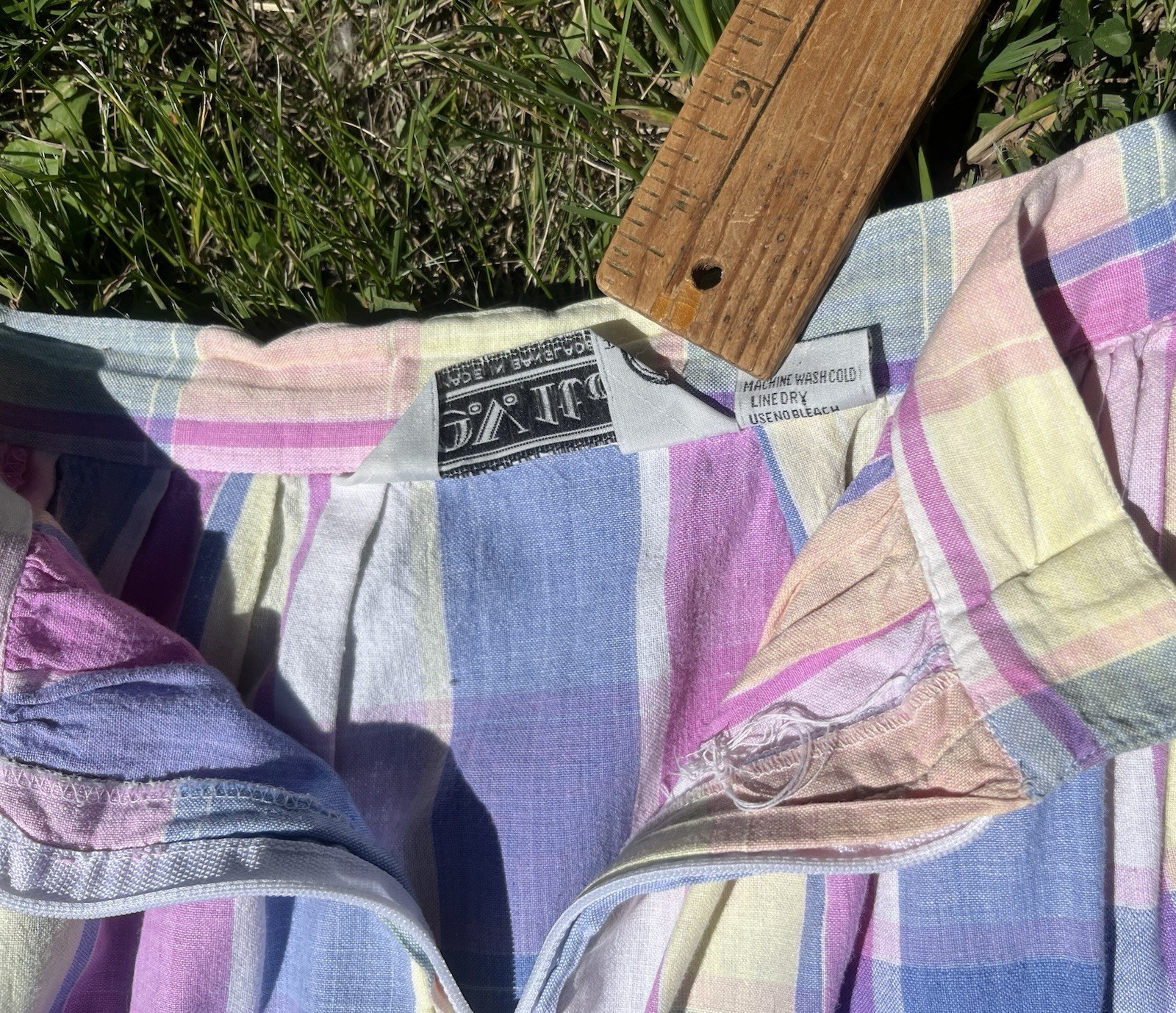 Vintage 1980s E.V. Ltd. Woven Cotton Pastel Plaid Midi Skirt Size L w/ Pockets