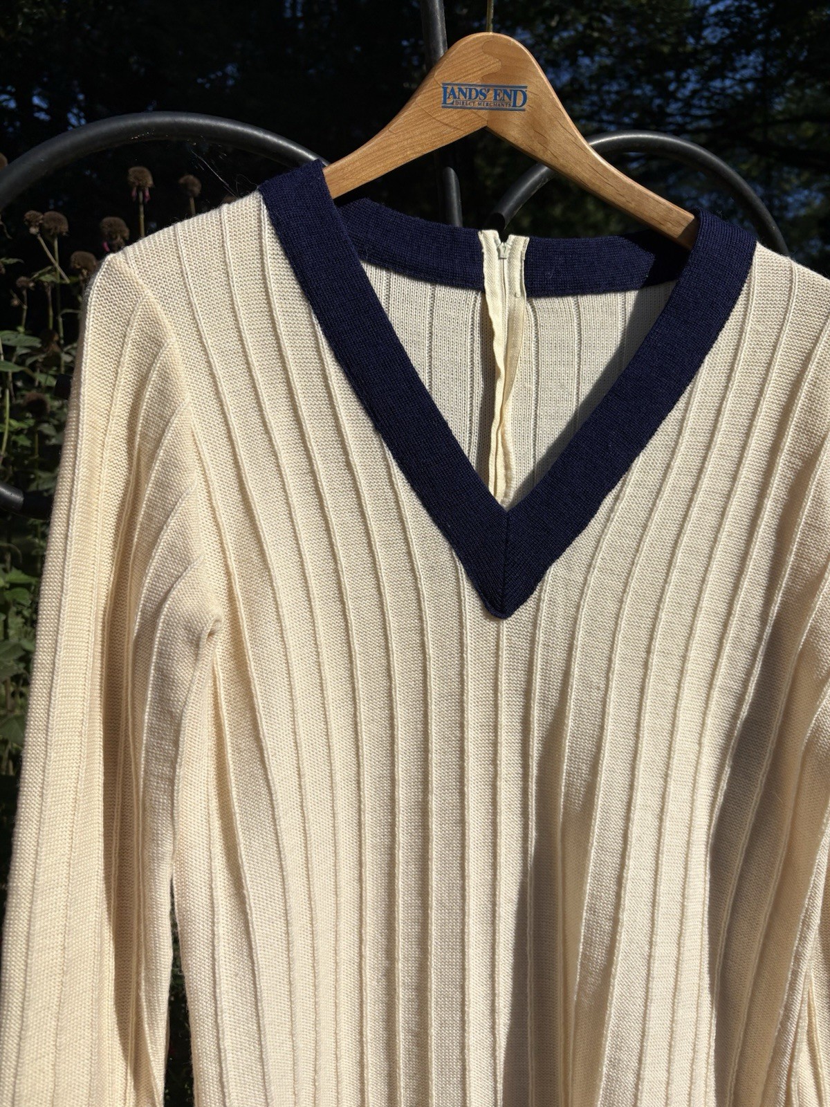 Vintage 1950s Cream And Navy V Neck Sweater Knit Dress Preppy School