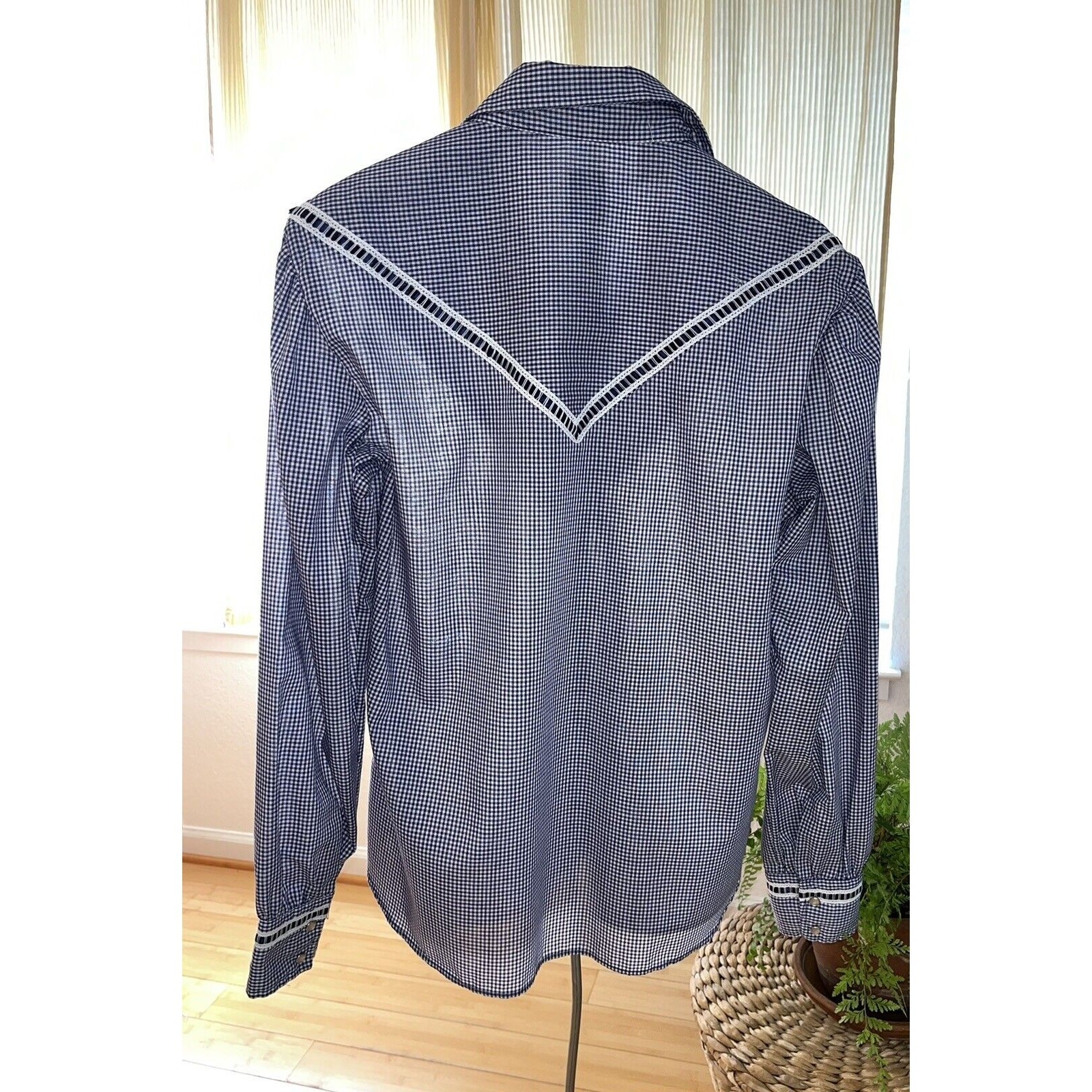 Karman Pearl Snap Buttons Ribbons Long Sleeve Blue Western Rodeo Cowgirl Sz Lrg