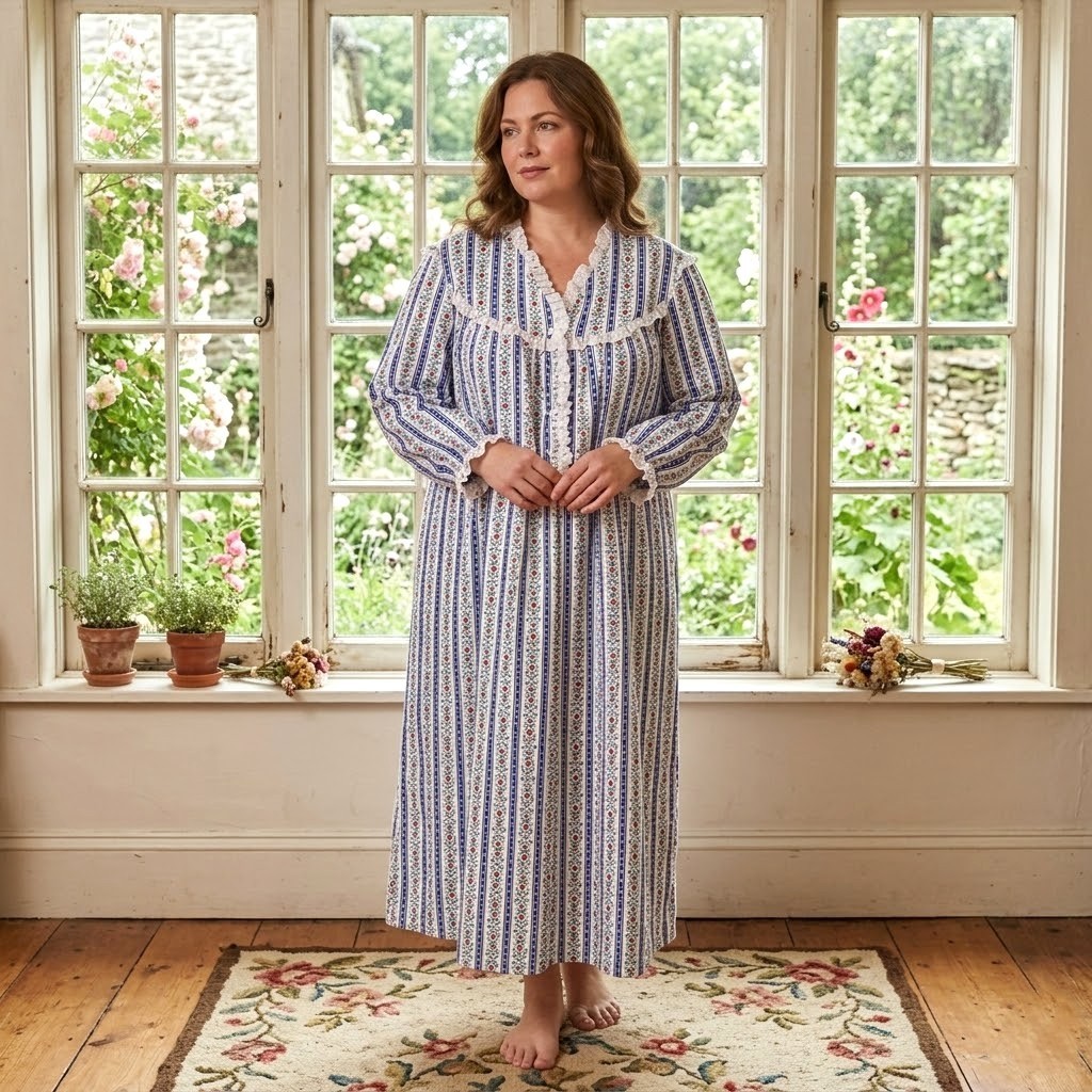NEW LANZ 2X Tyrolean Hearts Floral Stripe Eyelet Lace 49″ Long Flannel Nightgown