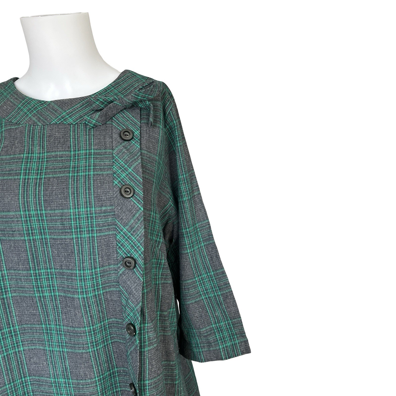 Vintage 60s Gray and Green Plaid Shift Dress Classic Buttons
