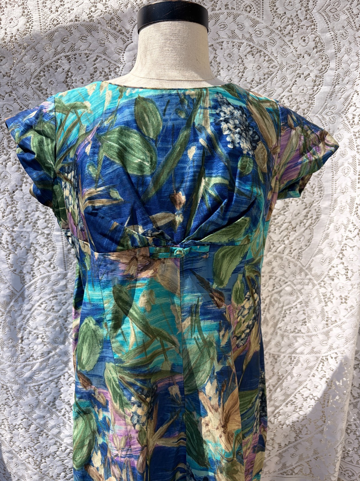 Vintage 1950s Waltah Clarke’s Hawaiian Floral Maxi Dress Blue Purple S M